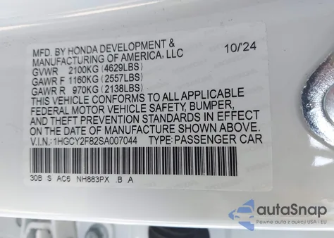2025 Honda Accord Hybrid Touring from USA, damaged, VIN 1HGCY2F82SA007044